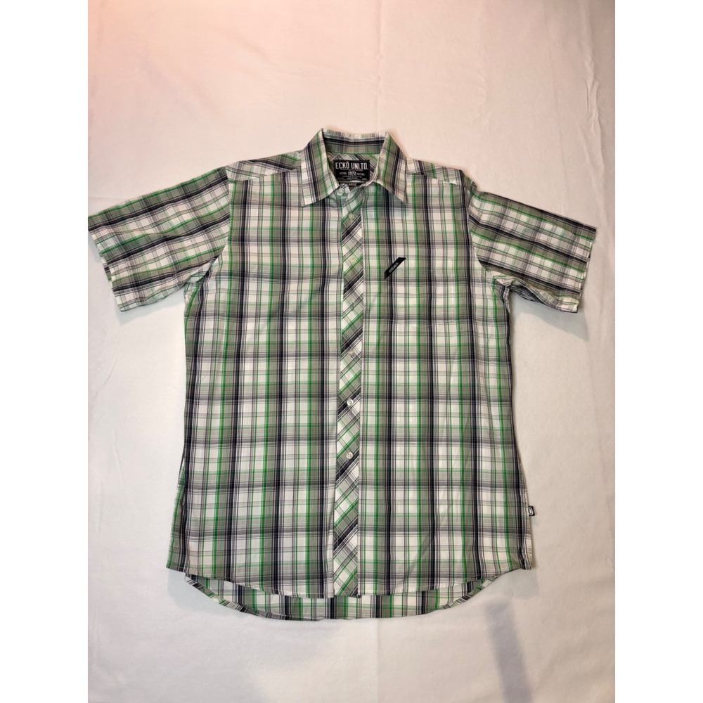 Ecko Unltd Mens Plaid Short Sleeve Button-Up Shirt Large Green/Gray